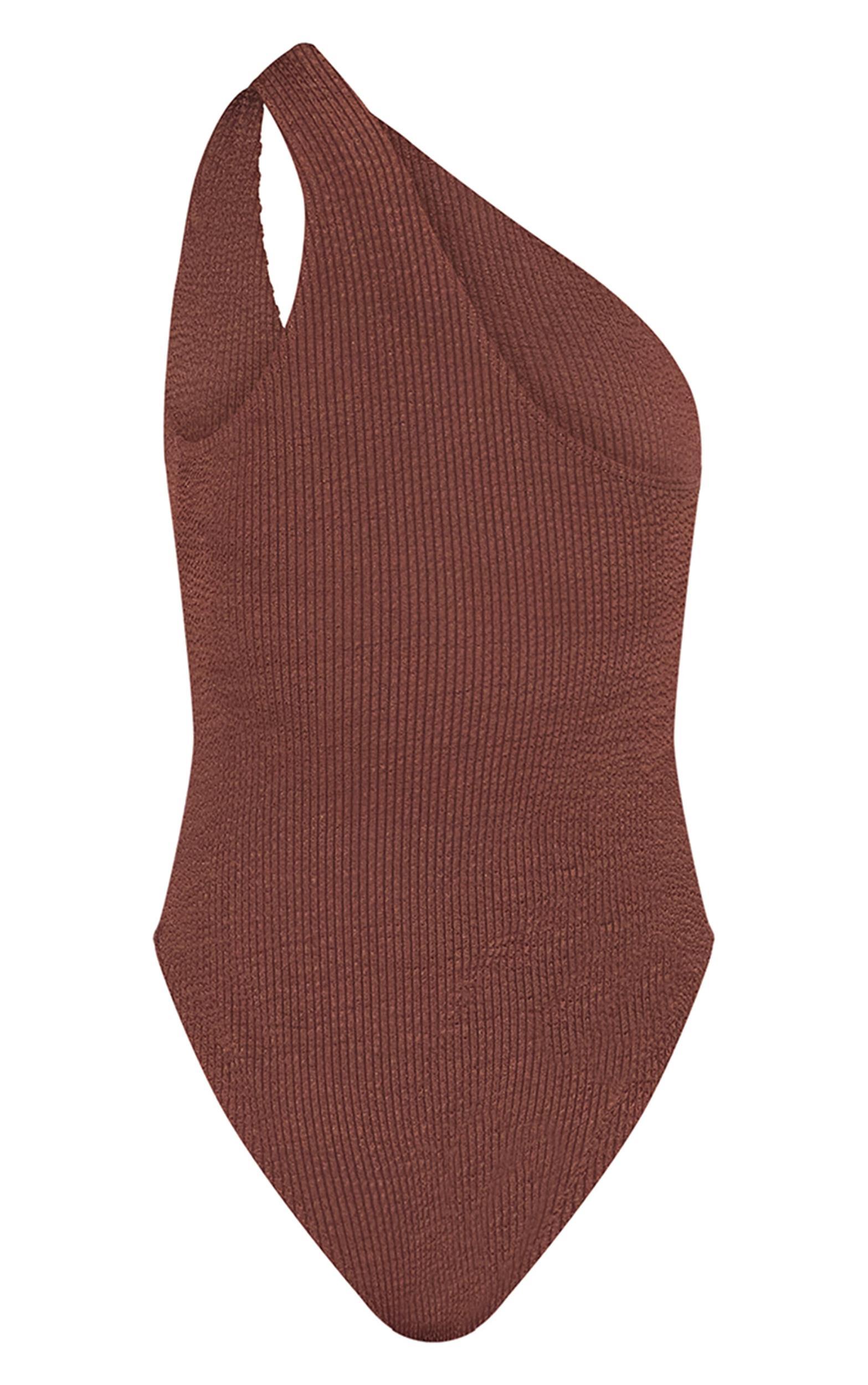 Chocolate Brown Crinkle One Shoulder Cut Out Swimsuit Product Image
