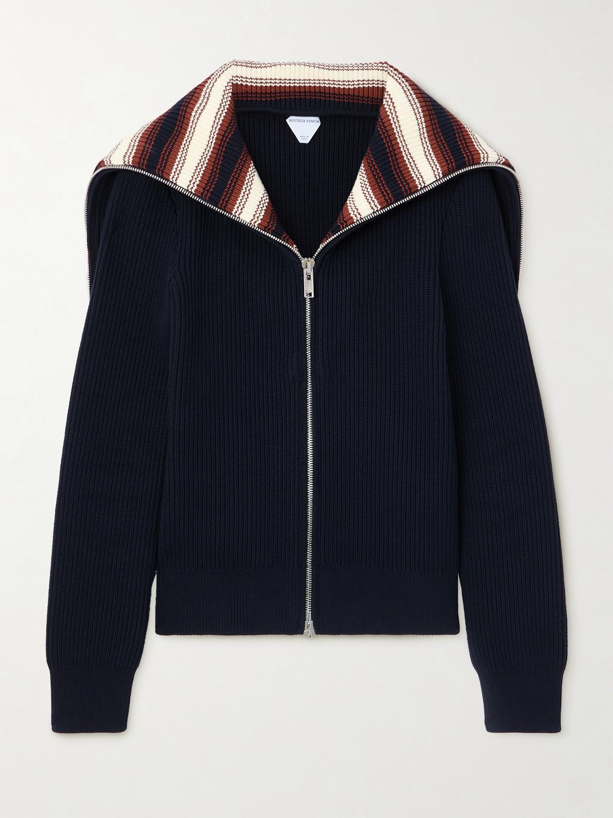 BOTTEGA VENETA Layered Ribbed Striped Cotton Cardigan In Navy/rust/chalk Product Image