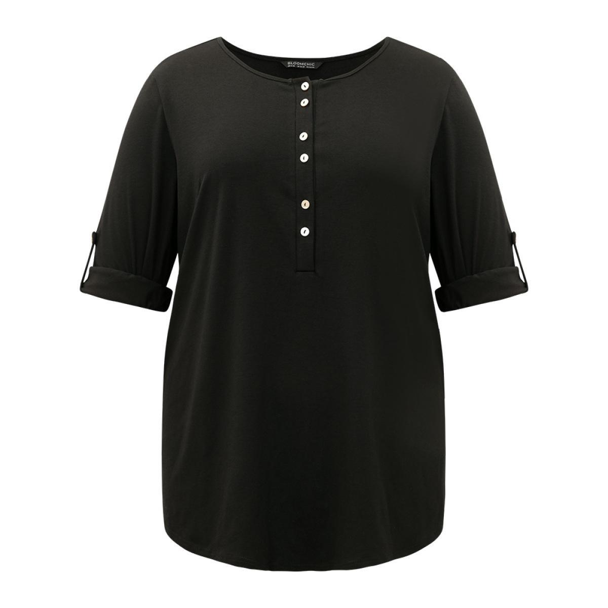 Plus Size Plain Button Up Tab Sleeve T-shirt Black Women Casual Plain Plain Round Neck Dailywear T-shirts BloomChic 12/L Product Image