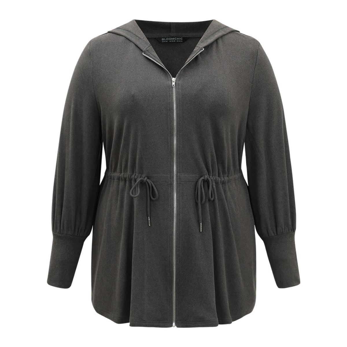 Plus Size Solid Drawstring Hooded Pocket Zipper Sweatshirt Women Gray Casual Plain Hooded Everyday Sweatshirts BloomChic 18-20/2X Product Image