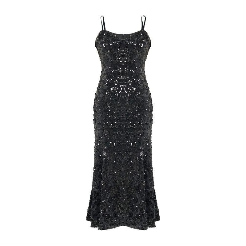 Spaghetti Strap Plain Sequin Midi Mermaid Dress Product Image