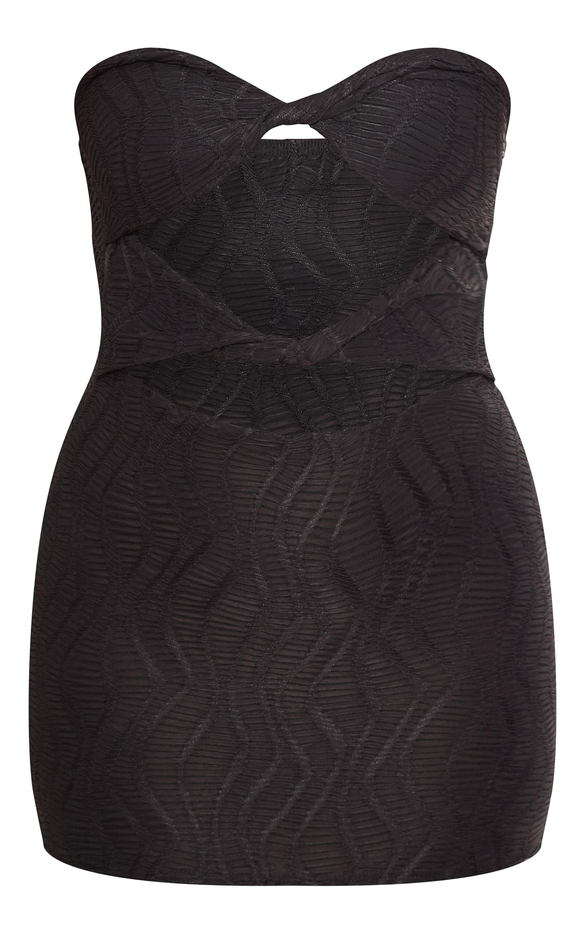 Black Textured Bandeau Twist Detail Cut Out Bodycon Dress Product Image