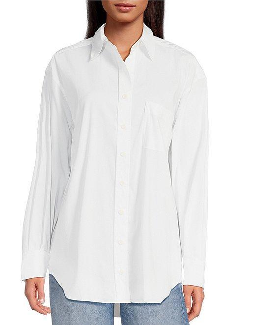Gianni Bini Prep Cotton Blend Point Collar Long Sleeve Button Front Blouse Product Image