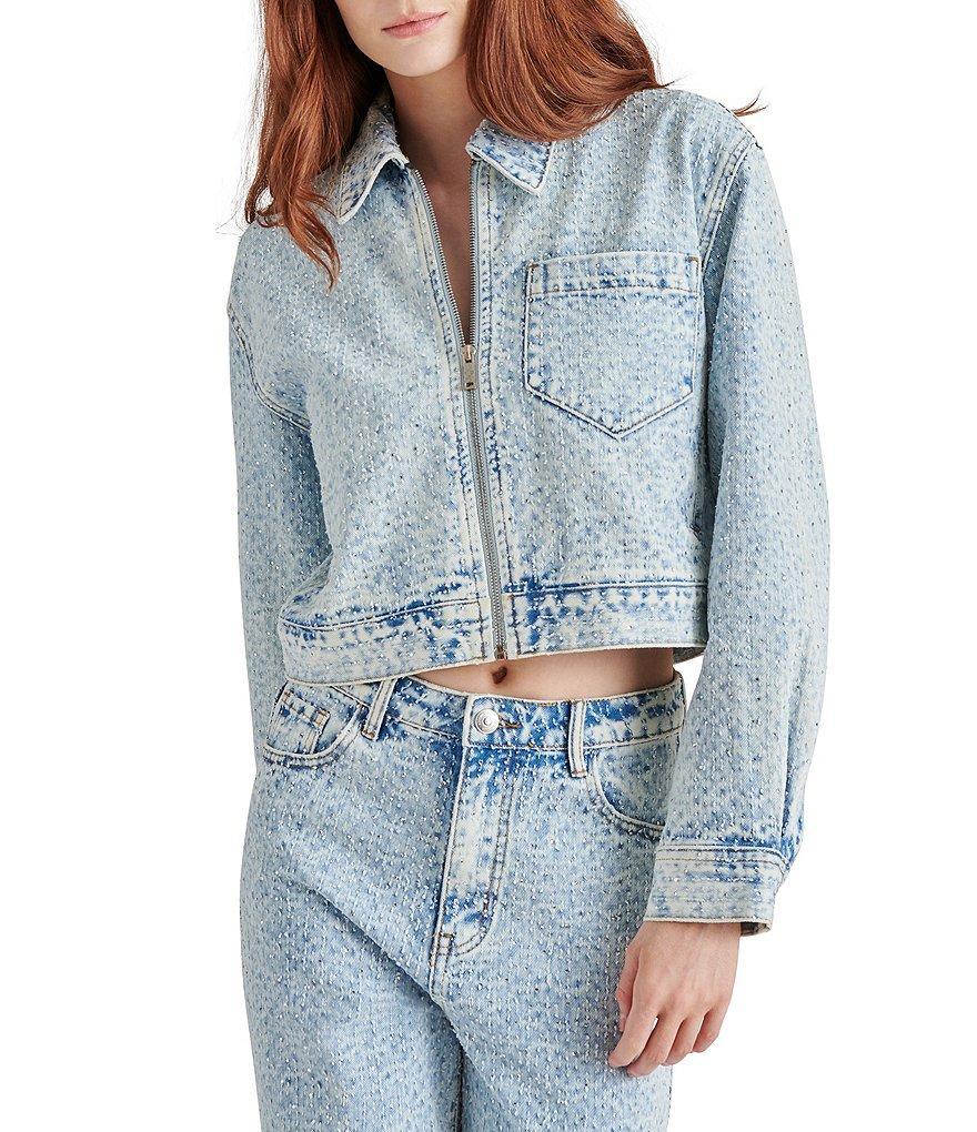 Steve Madden Glacia Denim Notch Collar Neck Long Sleeve Rhinestone Cropped Jacket Product Image