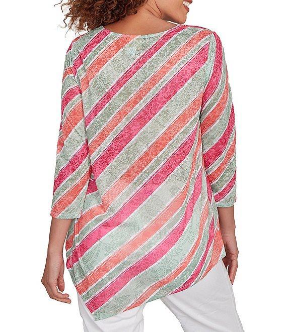 Ruby Rd. Knit Stripe Crew Neck 3/4 Sleeve Asymmetric Hem Top Product Image