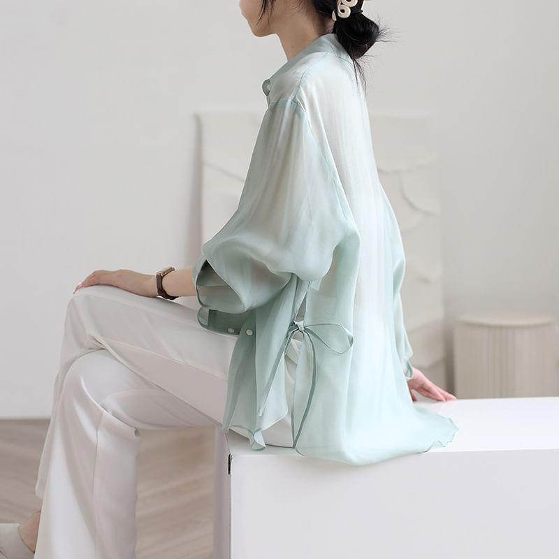 Long-Sleeve Plain Asymmetrical Sheer Oversized Shirt Product Image