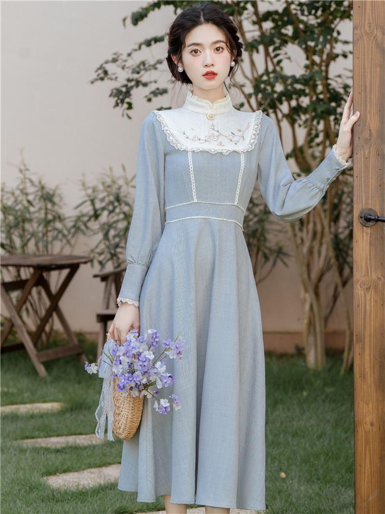 Long-Sleeve Stand Collar Floral Embroidered Lace Trim Midi A-Line Dress Product Image