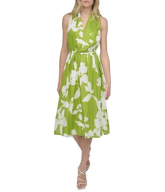 DKNY by Donna Karan Voile Floral Print V Neck Sleeveless Print Halter Midi Dress Product Image