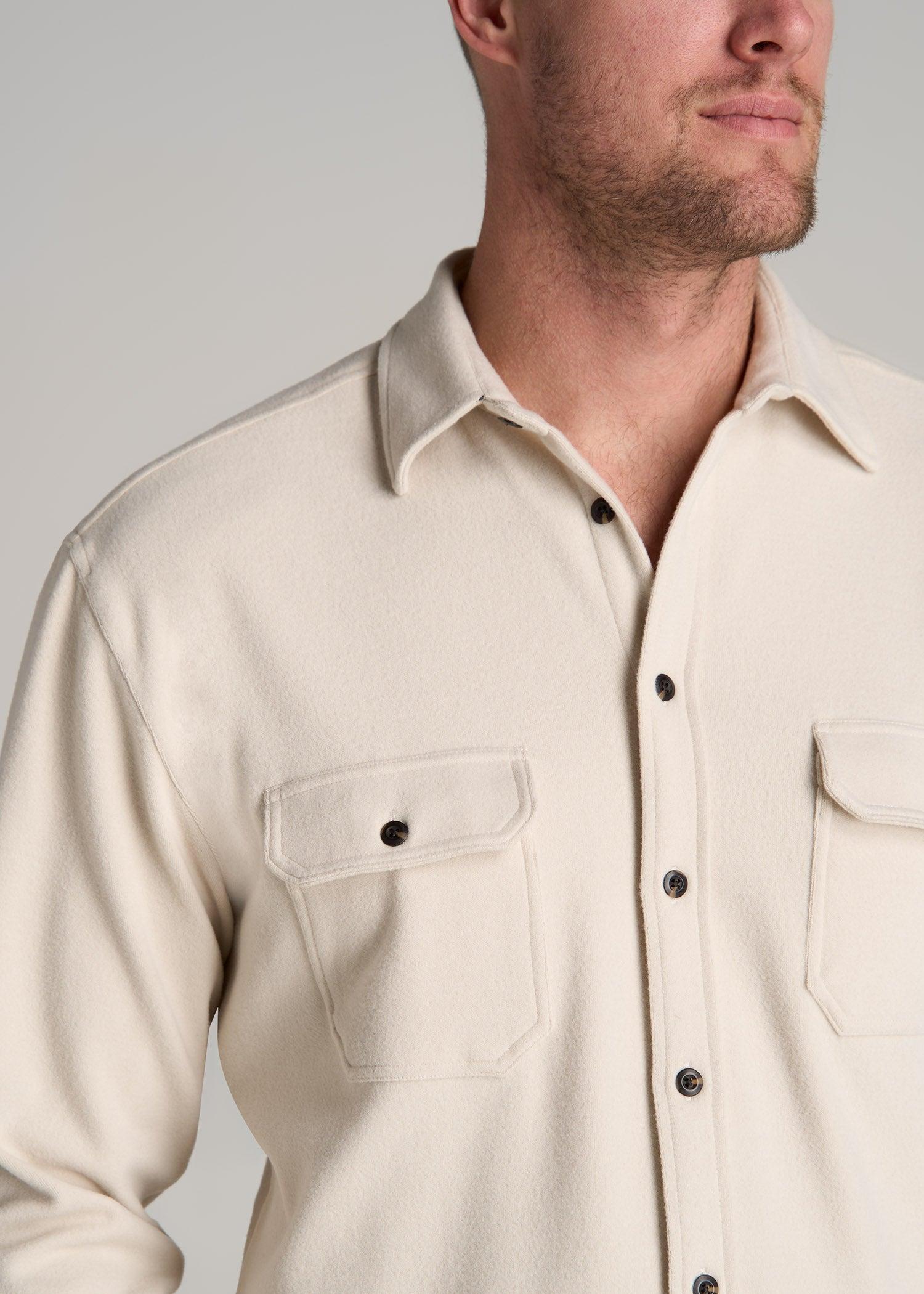 Stretch Flannel Button Shirt for Tall Men in Soft Beige Male Product Image