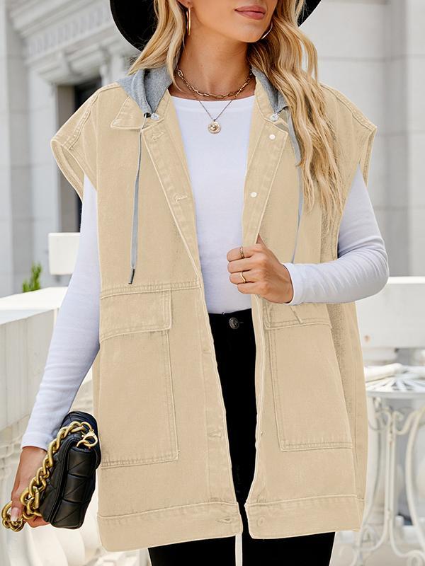 Loose Sleeveless Buttoned Detachable Hooded Pockets Split-Joint Lapel Collar Vest Outerwear Product Image