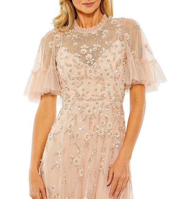 Mac Duggal Ruffled Floral Beaded Illusion Mock Neck Short Flutter Sleeve Gown Product Image