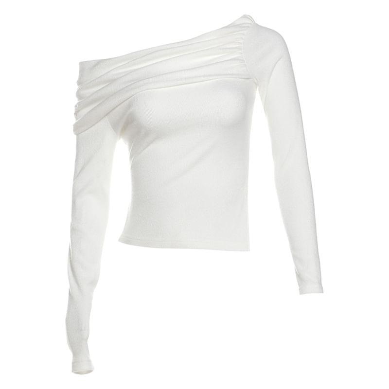 Long-Sleeve Off-Shoulder Plain Side-Slit T-Shirt Product Image