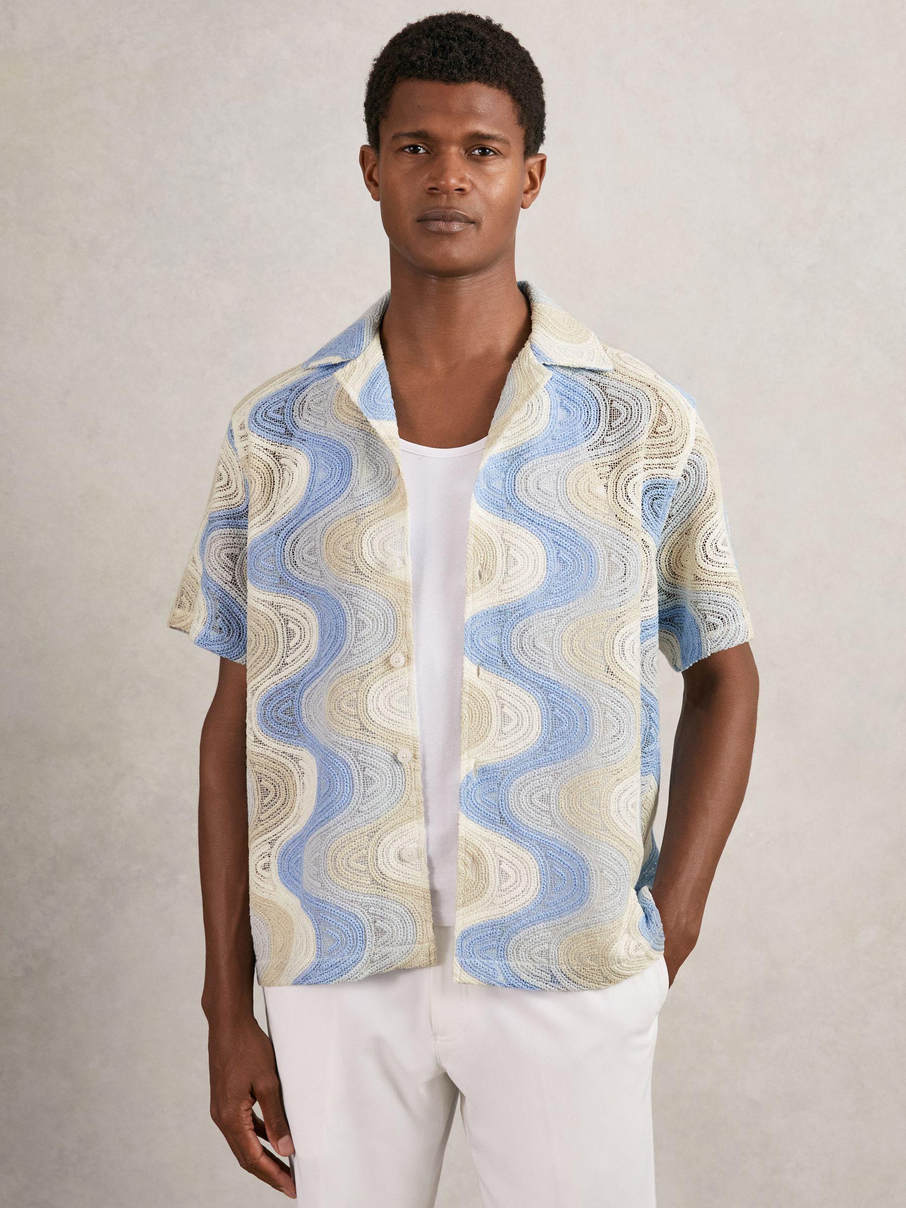 Wave Crochet Cuban Collar Shirt in Blue Multi Product Image