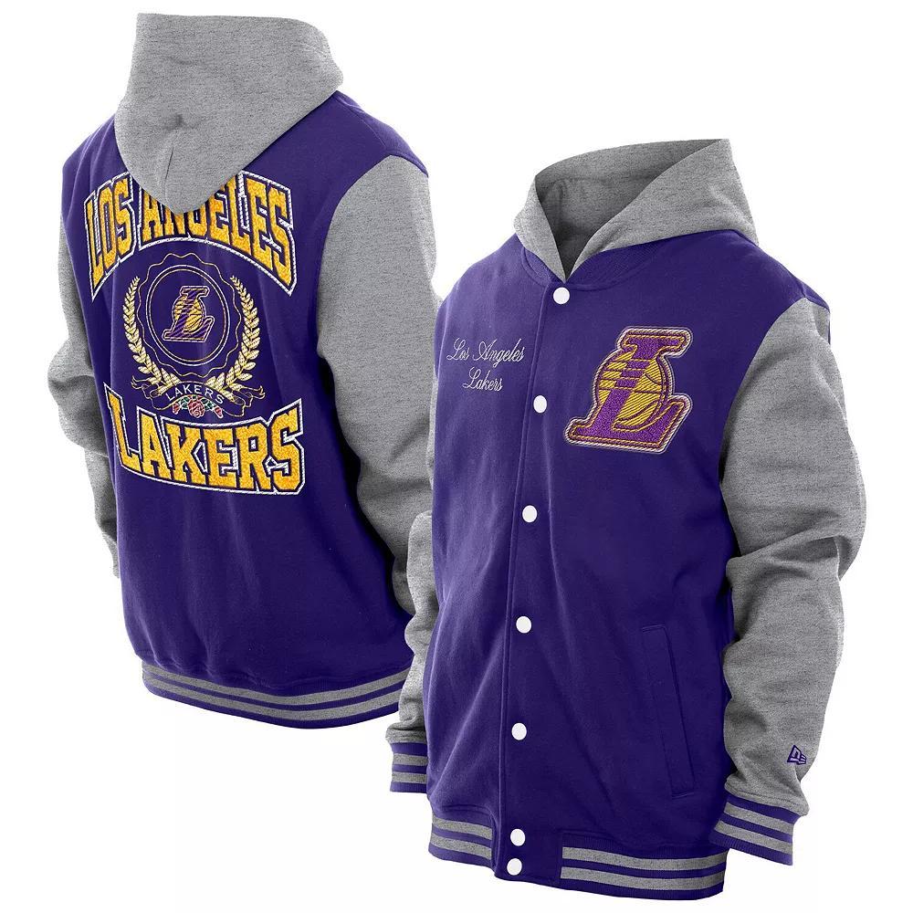 Men's New Era  Purple Los Angeles Lakers Throwback Prep Chenille Full-Snap Hooded Varsity Jacket, Size: Small Product Image