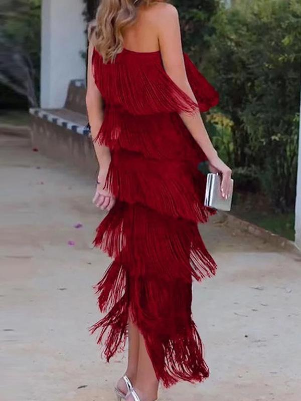 Loose Sleeveless Asymmetric Solid Color Split-Joint Tasseled One-Shoulder Maxi Dresses Product Image