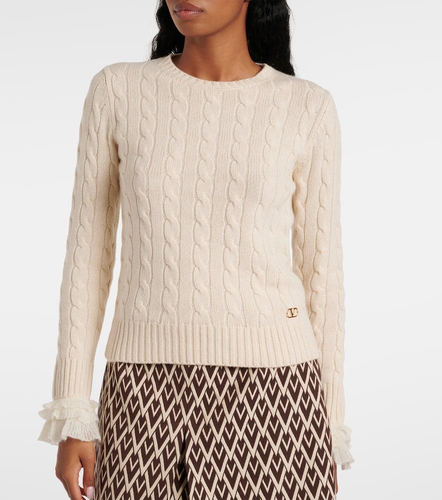 VALENTINO Cable-knit Ruffled Cashmere Sweater In White Product Image