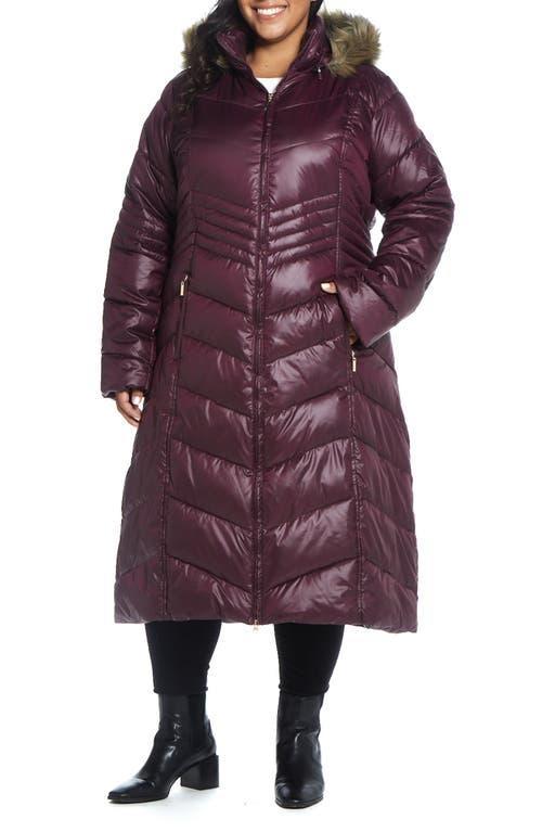 Plus Size Gallery Faux-Fur Hood Chevron Long Puffer Coat, Womens Product Image