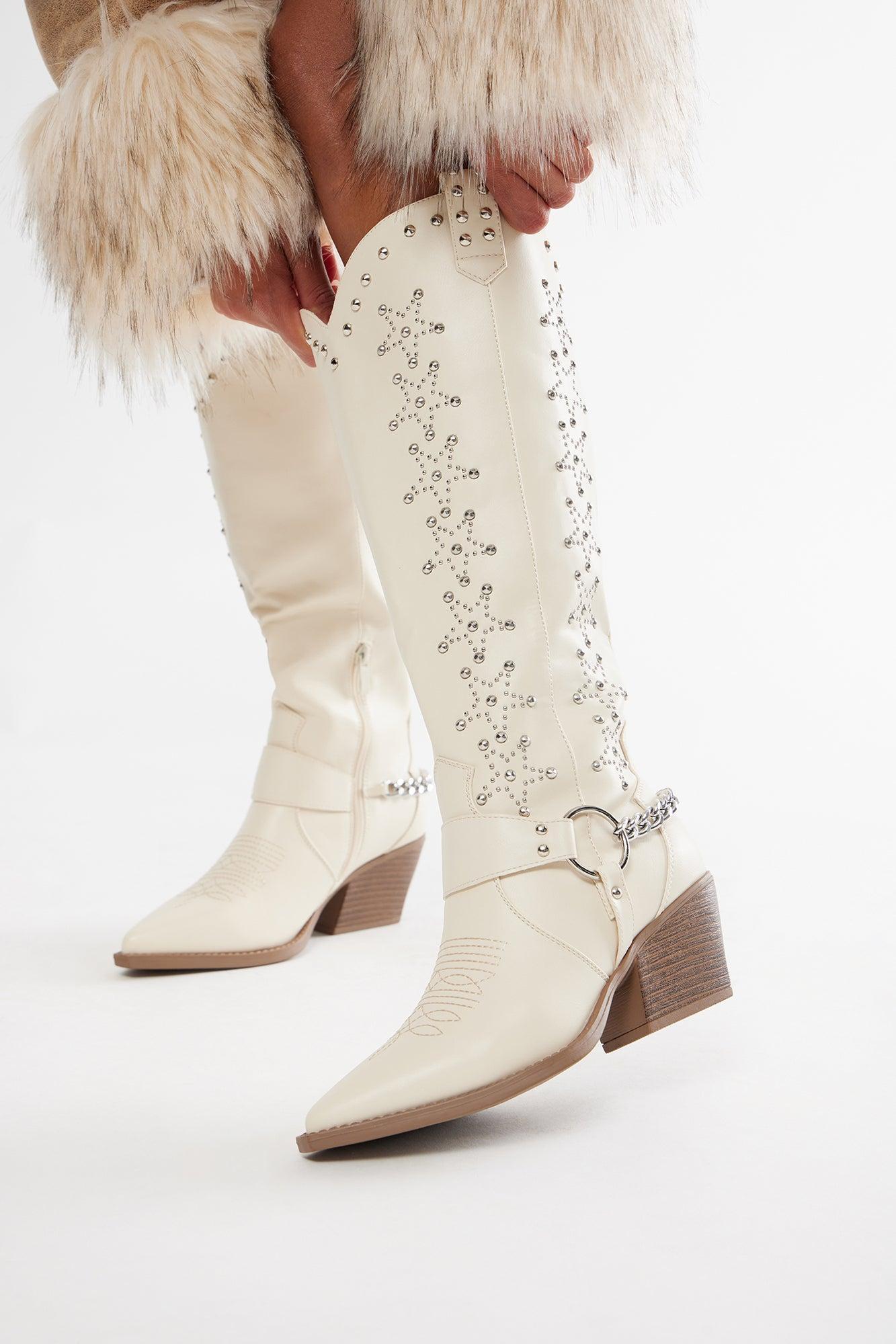 Berkeley Studded Cowboy Boots - Cream Product Image