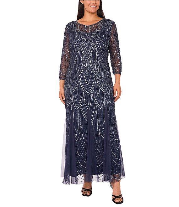 Pisarro Nights Plus Size Beaded Mesh 3/4 Sleeve A-Line Gown Product Image