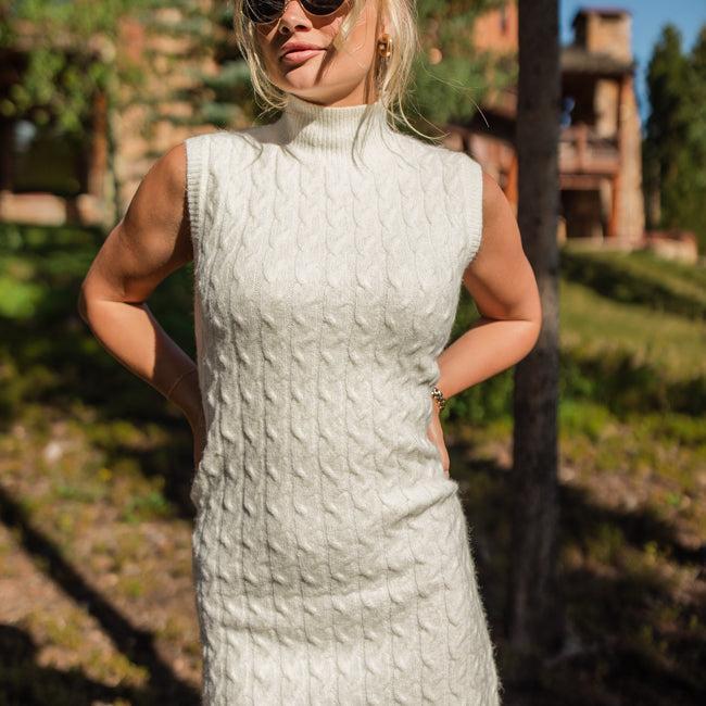 All Your Love Ivory Turtleneck Cable Knit Sweater Dress FINAL SALE Product Image