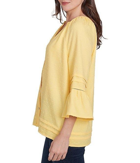 Ruby Rd. Woven Embellished Trim Clip-Dot Mandarin Collar 3/4 Sleeve Button-Front Top Product Image