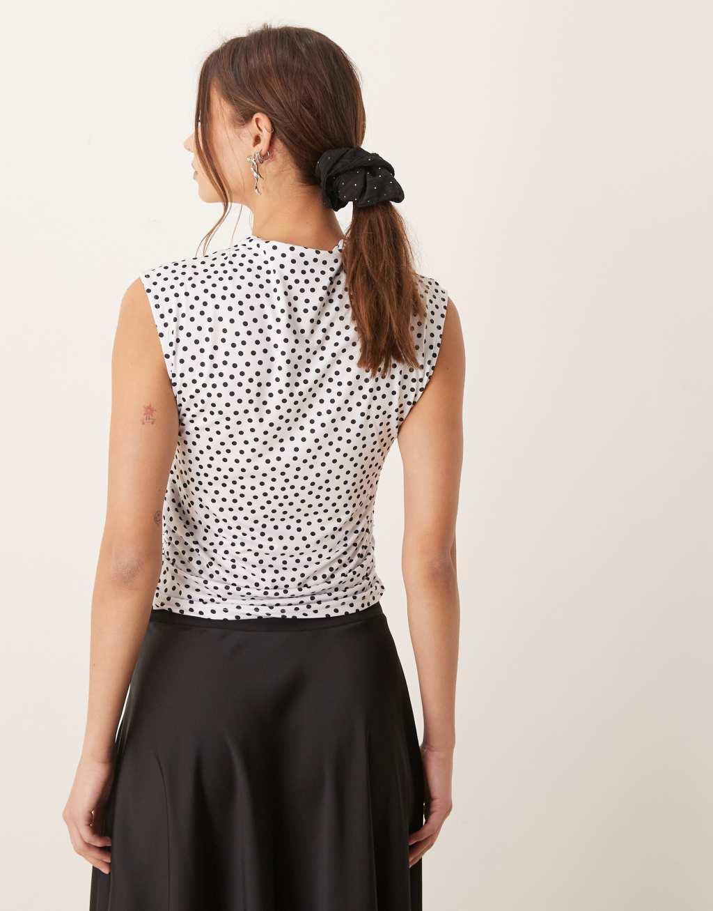 VILA high neck sleeveless ruched top in black and white spots Product Image