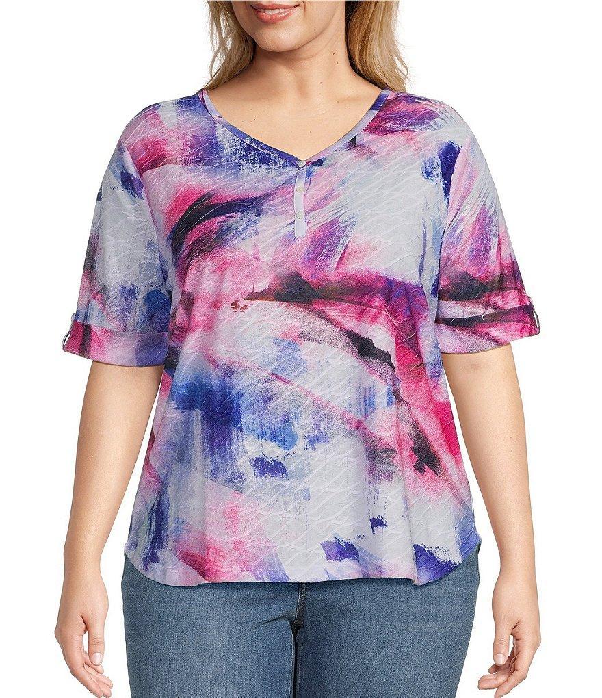 Leo & Nicole Plus Size Textured Knit Printed V-Neck Short Roll-Tab Sleeve Top Product Image