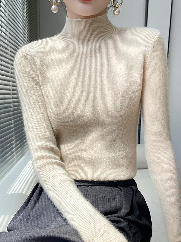 Casual Skinny Long Sleeves Solid Color Half Turtleneck Sweater Tops Product Image