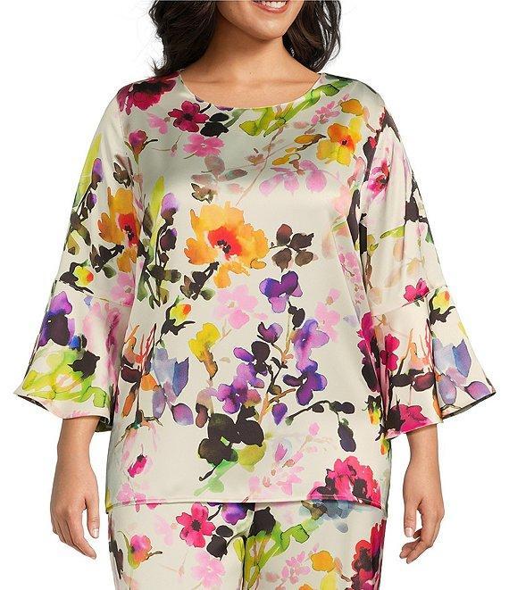Caroline Rose Plus Size Brilliant Floral Bouquet Print Satin Scoop Neck 3/4 Soft Bell Sleeve Coordinating Tunic Product Image
