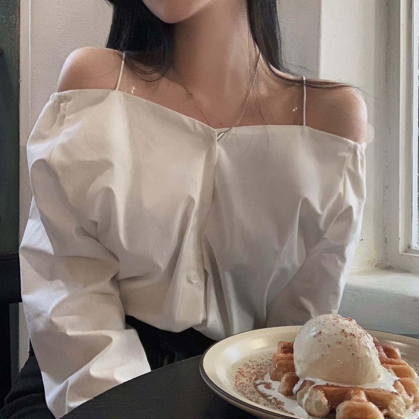 Long Sleeve Cold Shoulder Plain Blouse Product Image