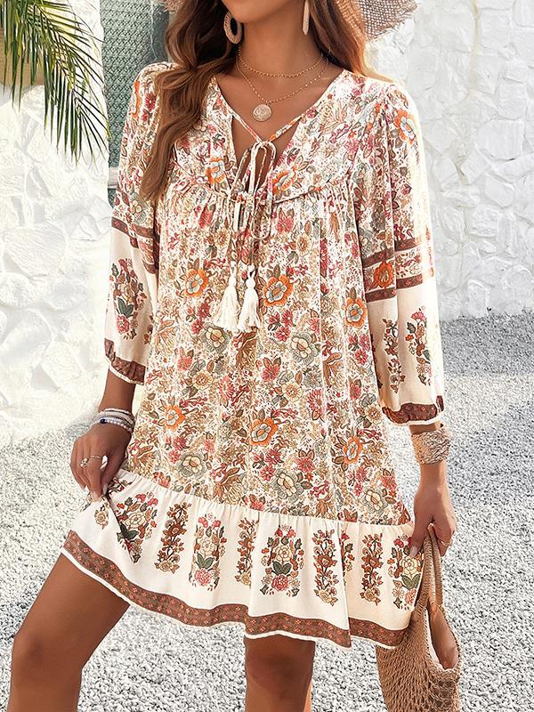 A-Line Loose Contrast Color Drawstring Flower Print Pleated Split-Joint V-Neck Mini Dresses Product Image