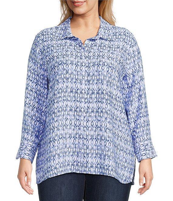 John Mark Plus Size Allover Ikat Print Point Collar 3/4 Sleeve Hi-Low Hem Button-Front Shirt Product Image