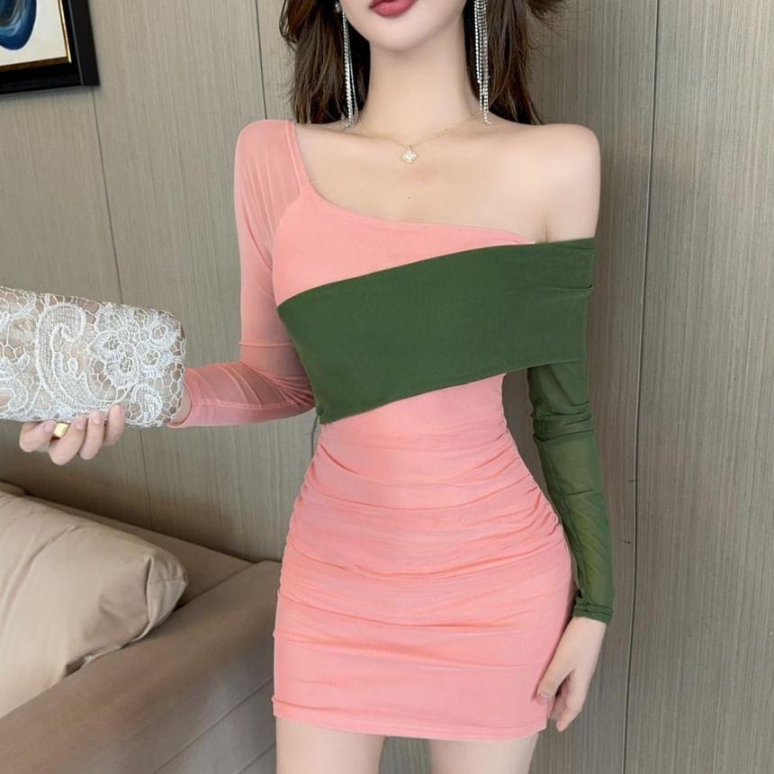 One Shoulder Long Sleeve Two Tone Bodycon Mini Dress Product Image