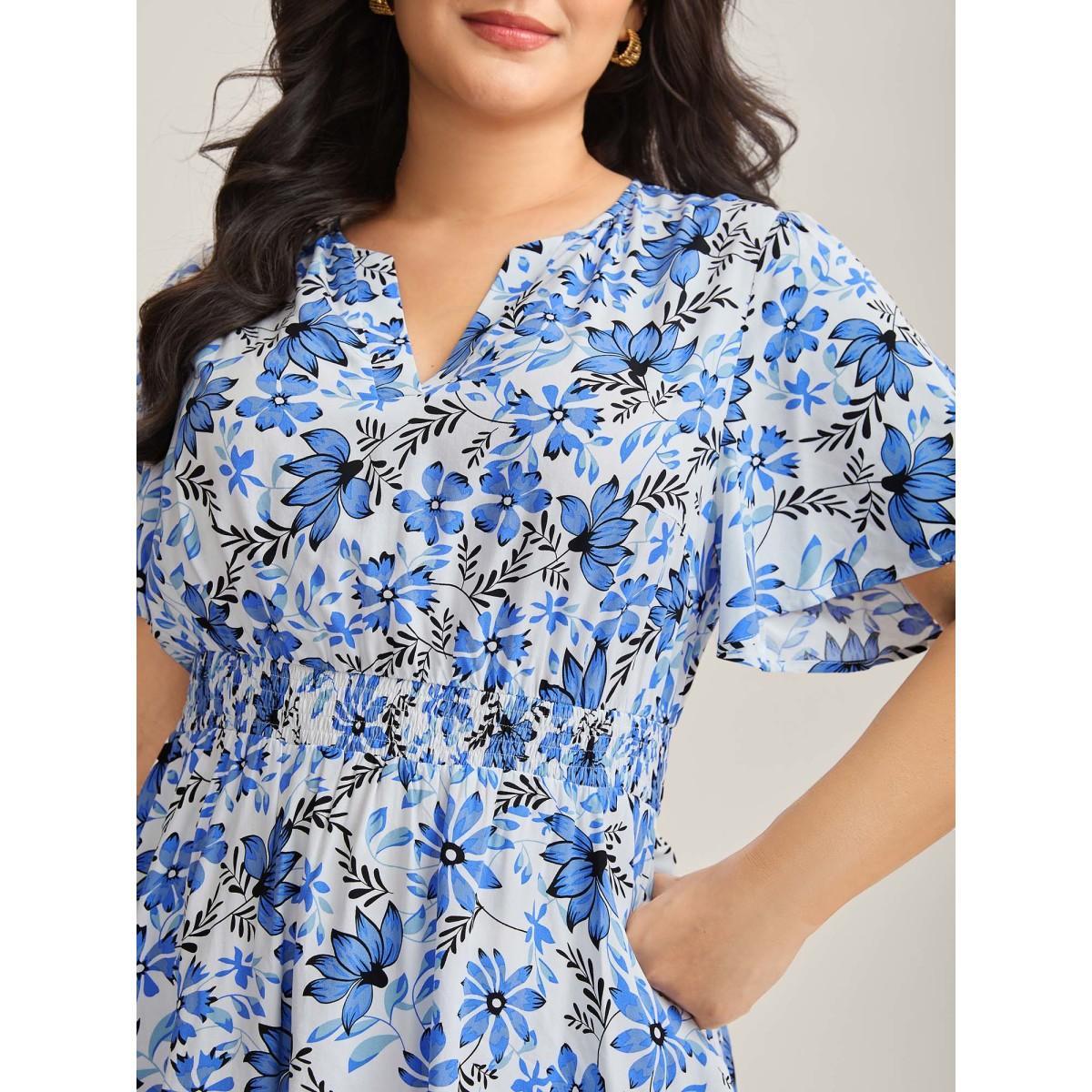 Plus Size Skyblue Floral Notched Collar Shirred Waist Blouse Women Short sleeve Flat collar Everyday-Elegant Blouses BloomChic 14-16/1X Product Image