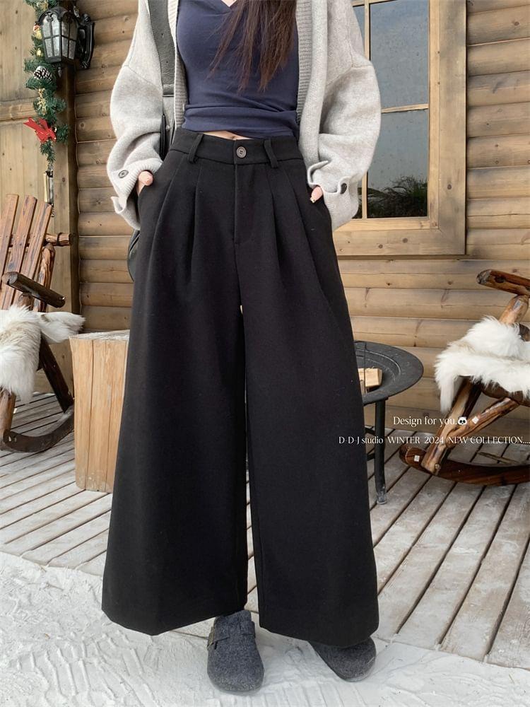 Mid Waist Plain Cropped Wide Leg Pants Product Image