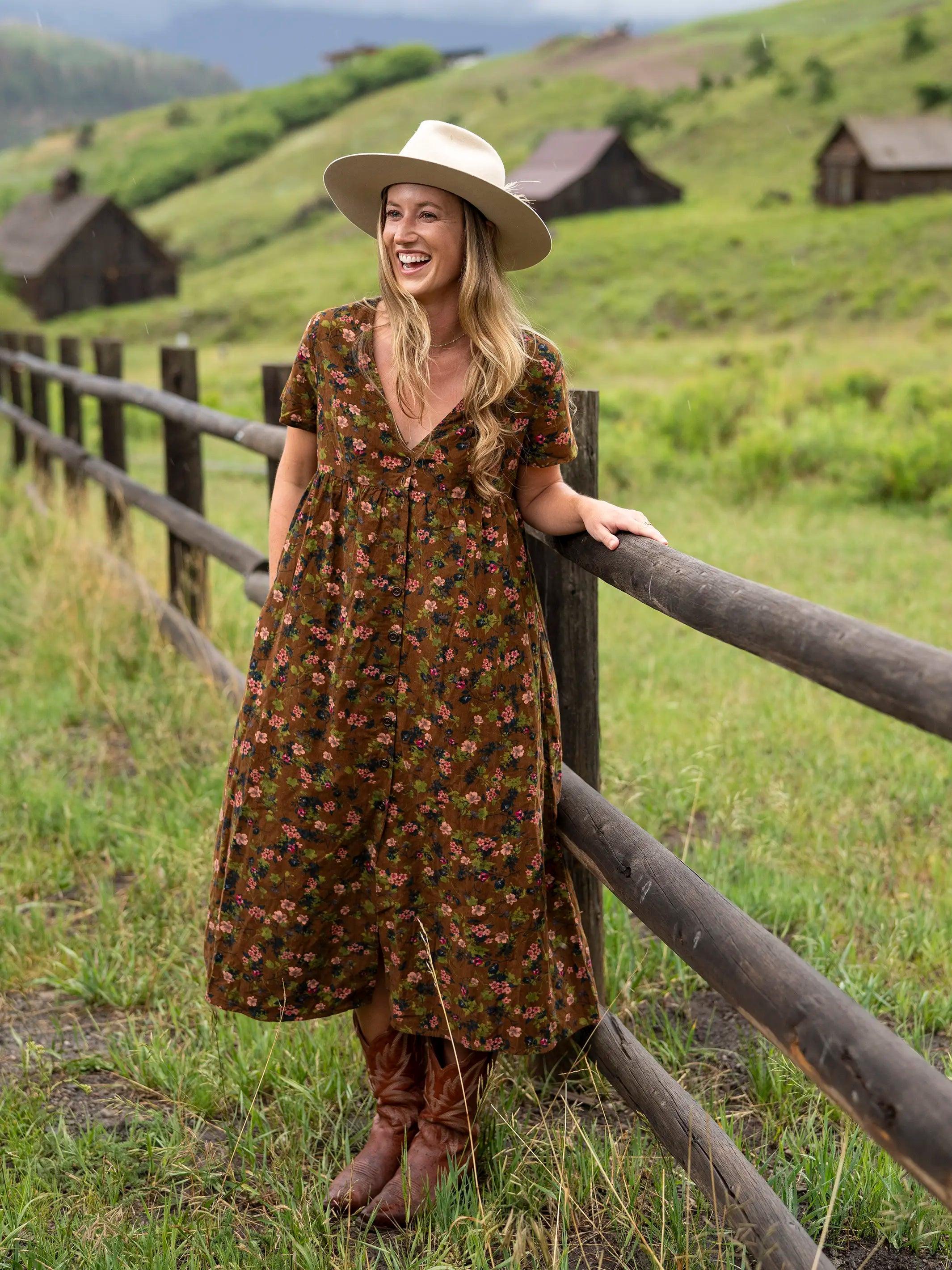 Avery Corduroy Midi Dress - Brown Green Bouquets Floral Product Image