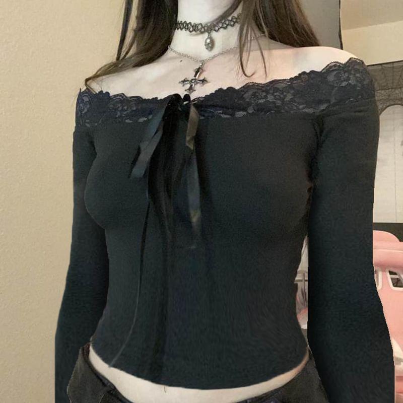 Long Sleeve Off-Shoulder Lace-Trim Plain Bow Accent Slim-Fit Crop Top Product Image