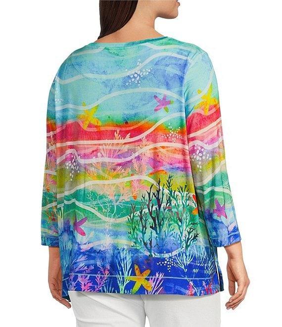 Ali Miles Plus Size Knit Aquatic Style Print Round Neck 3/4 Sleeve Tunic Product Image