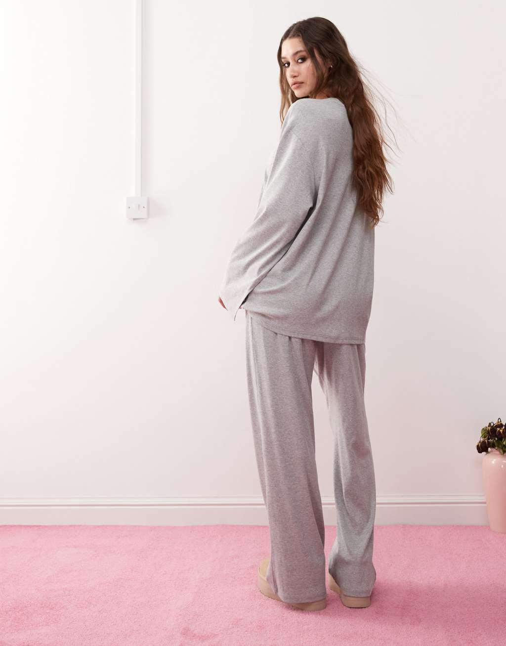 Monki mix and match long sleeve soft oversized top pajama top in gray melange Product Image