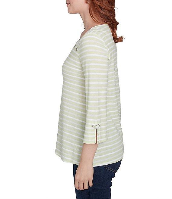 Ruby Rd. Ribbon Stripe Print Knit Square Button Trim Detail Neck 3/4 Bell Sleeve Top Product Image