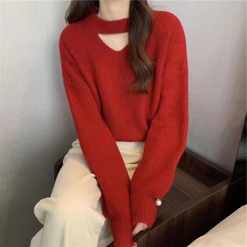 Crew Neck Plain Cutout Ribbed Sweater Product Image