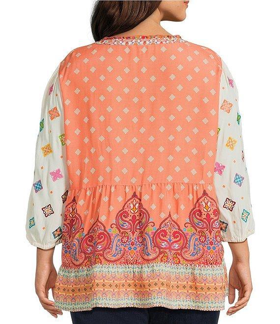 John Mark Plus Size Embroidered Mix Printed Split V-Neck 3/4 Bubble Sleeve Tunic Product Image