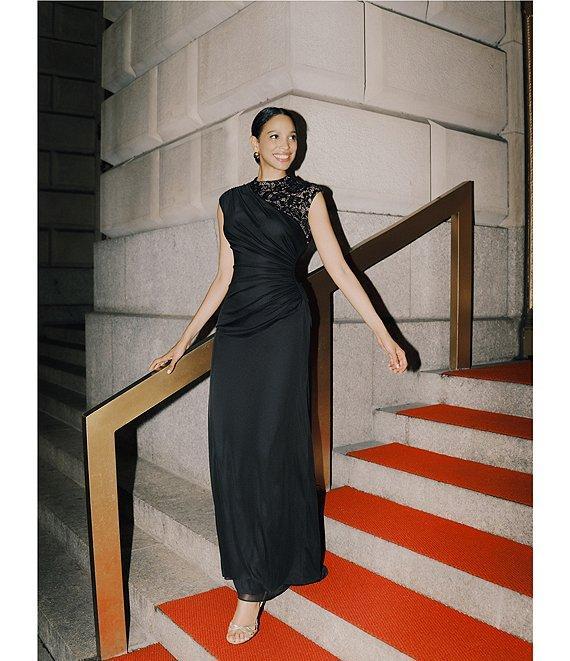 Betsy & Adam Matte Jersey Lace Mock Neck Sleeveless Ruched Sheath Gown Product Image