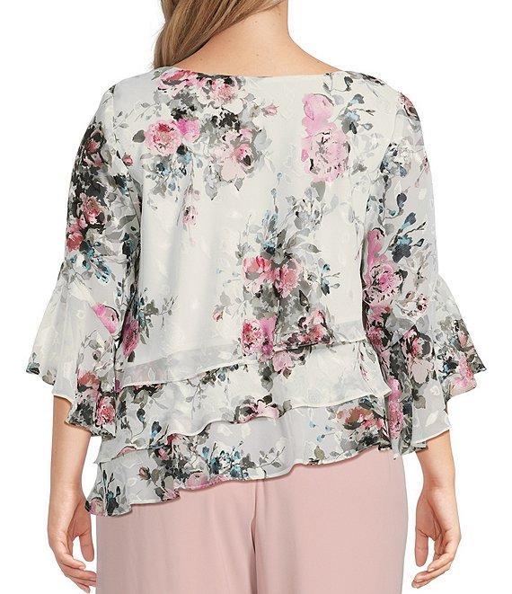 Alex Evenings Plus Size 3/4 Bell Sleeve Crew Neck Triple Tier Asymmetrical Hem Floral Chiffon Blouse Product Image