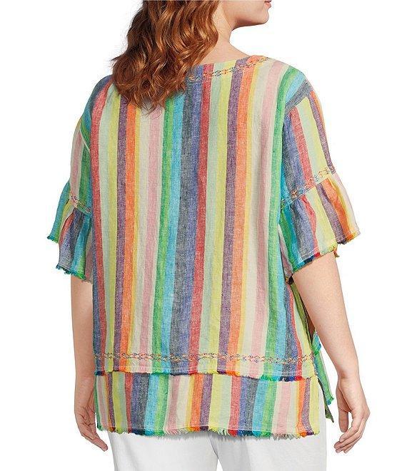 John Mark Plus Size Embroidered Yarn-Dye Stripe Crew Neck Short Ruffle Hi-Low Hem Top Product Image