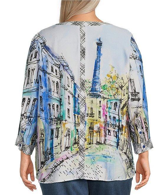 Ali Miles Plus Size Woven Printed Mandarin Collar 3/4 Adjustable Sleeve Hi-Low Hem Tunic Product Image