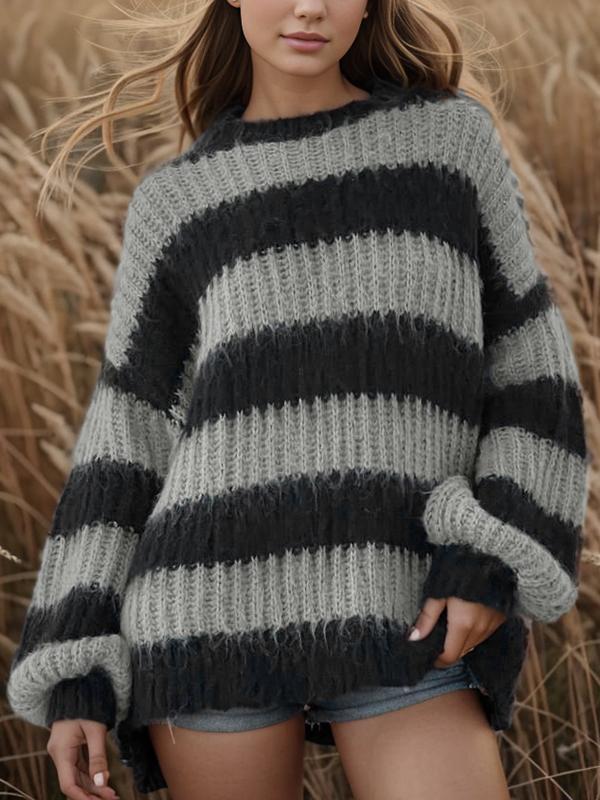 Contrast Color Striped Crew Neck Lantern Sleeve Sweater Product Image