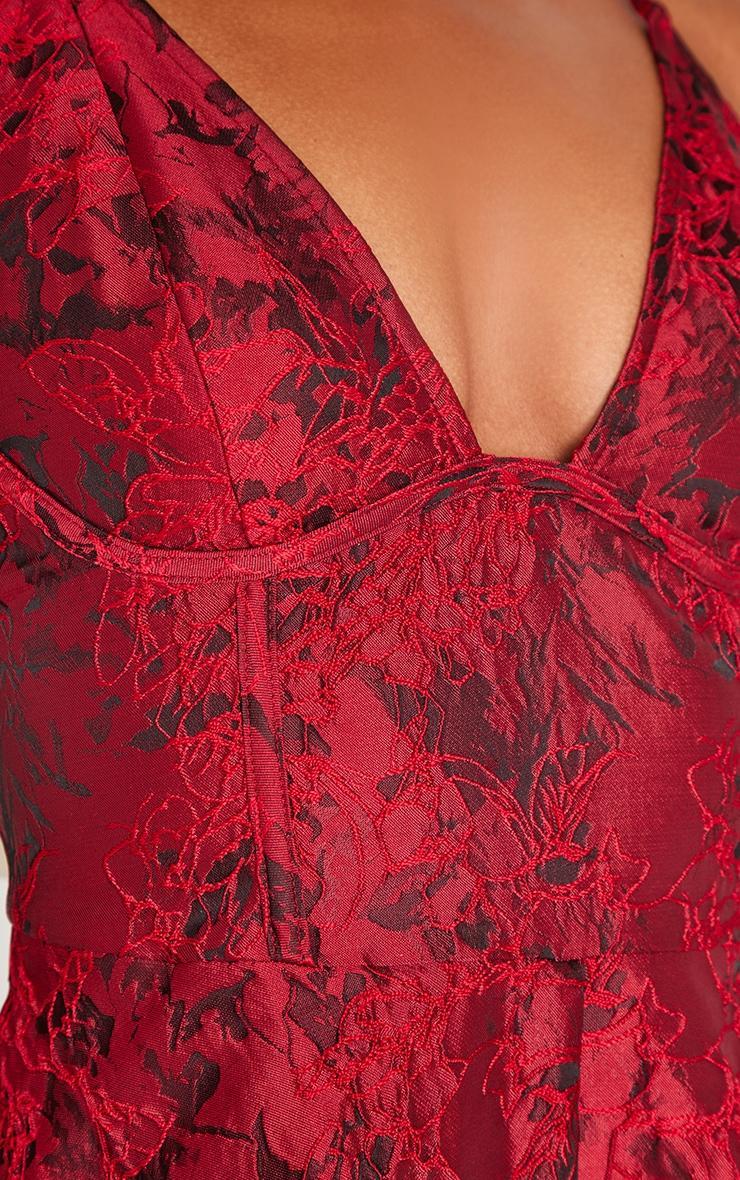 Burgundy Satin Jacquard Corset Detail Floaty Romper Product Image