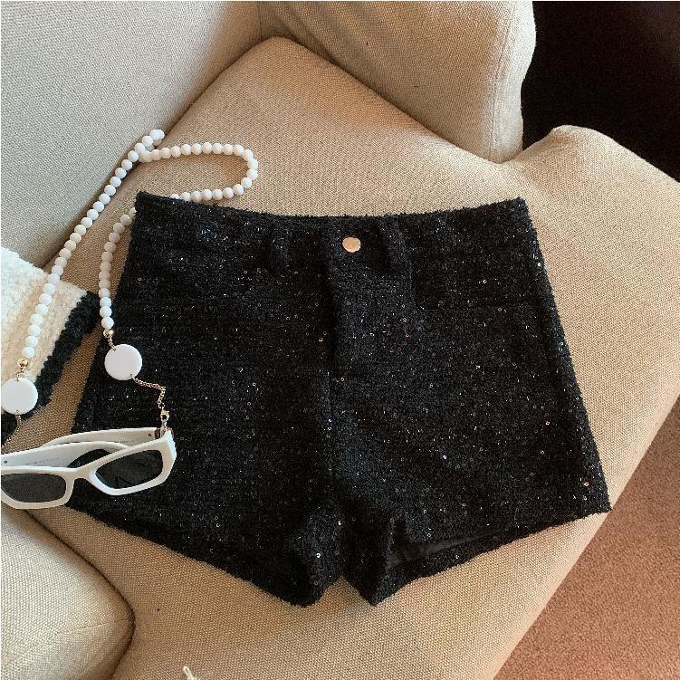 High Waist Plain Sequin Shorts Product Image