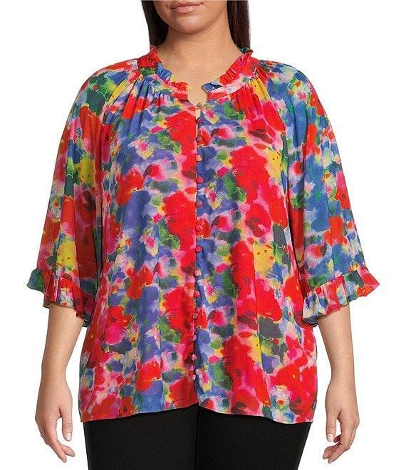 Calessa Plus Size Mesh Abstract Print Split V-Neck Long Sleeve Button Front Tunic Product Image